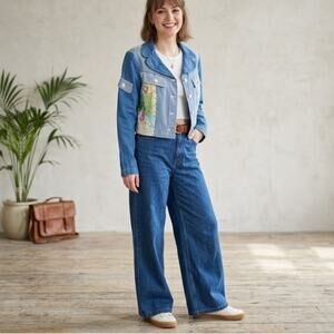 Vintage 80s Patchwork Denim Jacket Cropped Bolero Collared Art to Wear Quilted